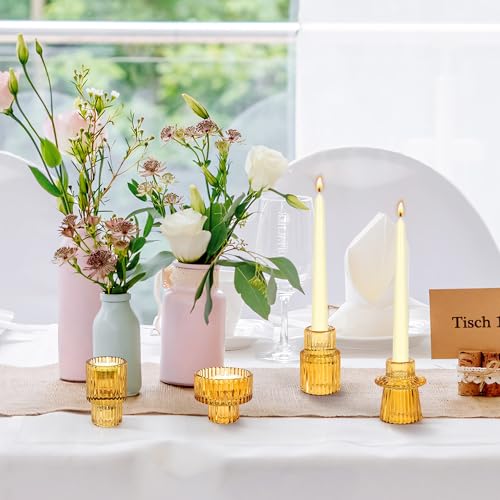 Taper Votive Candle Holder for Pillar Candles Tealight, Candlestick Holder for Wedding Christmas Tea Party, Boho Ribbed Vintage Crystal Glass Table Centerpiece Decor, Bulk Set of 6 (Amber) - color: Amber