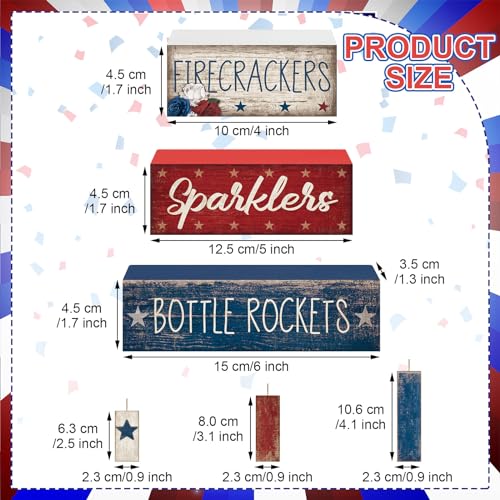 CroBlissful 4 Pcs 4th of July Decorations Patriotic Memorial Day Tabletop Decorations Red White Blue Table Centerpieces Sign for Office Tiered Tray Home Shelf 250th Anniversary(Firecrackers) - style: Firecrackers