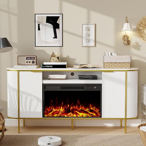 Luxury Fluted Fireplace TV Stand：70" Modern Chic Entertainment Center with Fireplaces for Living Room, Media Console Electric Fireplace with Storage,Off White (White, 70 inch TV Stand with Fireplace)