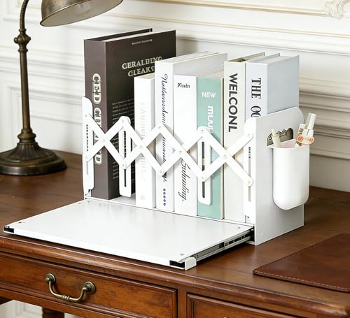 Book Ends with Pen Holder - Adjustable Bookends for Shelves - Desktop Organizer to Hold Books - Office Book Ends Storage Rack Adjustable to 19in for Students, Offices, Study Rooms - Space Saving
