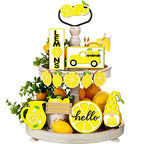 12 Pcs Lemon Tiered Tray Decor Set Gnome Fresh Lemonade Wooden Sign Yellow Lemon Wood Blocks Standing Sign Summer Tray Decor for Home Summer Kitchen Table Decoration - style: Lemon