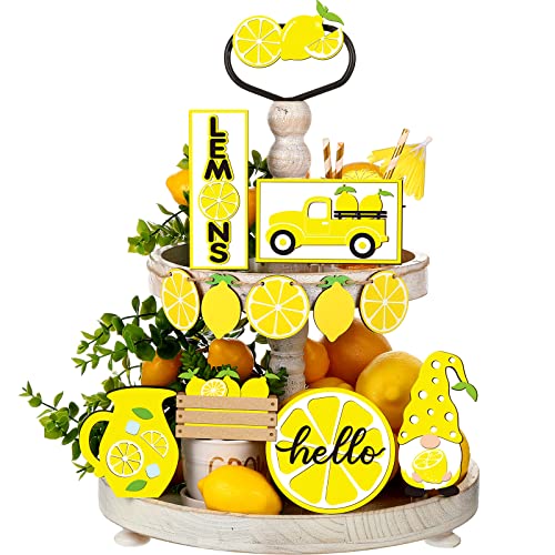 12 Pcs Lemon Tiered Tray Decor Set Gnome Fresh Lemonade Wooden Sign Yellow Lemon Wood Blocks Standing Sign Summer Tray Decor for Home Summer Kitchen Table Decoration - style: Lemon