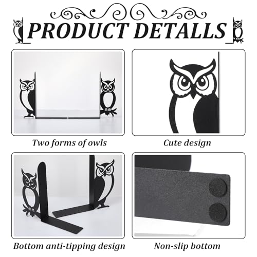 Geelin Owl Bookends for Shelves Decorative Metal Book Ends Set of 2 Styles Vintage Style Black Owl Design Heavy Duty Non-Slip Book Holders for Home Library Office Decor Gift for Reading Lovers - style: Owls