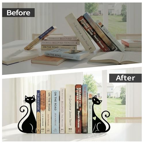Atomic Cat Metal Bookends Set of 2 Cute Book Ends for Shelves Bookshelf Decorative Objects Home Office Desk Bookshelf Decor Gift for Cat Lovers and Reading Enthusiasts (Black) - color: Black Atomic Cat