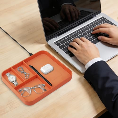 VOVIPO Faux Leather Valet Tray,with 2 in 1 Wireless Charging Compitable With iPhone/17/16/15/15 Plus/15 Pro/15 Pro Max/14/13/12/Wireless earphones,Office/Home Desk Organizers Tray-Orange - color: Orange