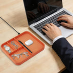 VOVIPO Faux Leather Valet Tray,with 2 in 1 Wireless Charging Compitable With iPhone/17/16/15/15 Plus/15 Pro/15 Pro Max/14/13/12/Wireless earphones,Office/Home Desk Organizers Tray-Orange - color: Orange