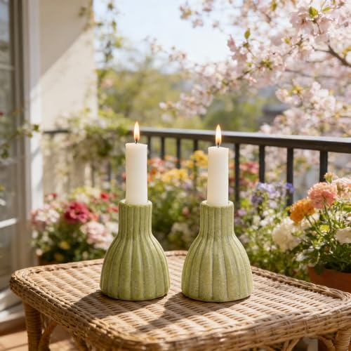 2PCS Vintage Ceramic Candle Holder Distressed White Ribbed Ceramic Candlesticks Stands for Table Desktop, Mantel, Home Decor 3.39" H - color: Olive Green