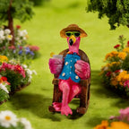 LIULO TOOL Solar Flamingo Figurines Garden Decor, Light Up Resin Flamingo Sitting on Chair Statue, Waterproof Outdoor Patio Sculpture, Cute Solar Powered Yard Decoration for Lawn Home Gift