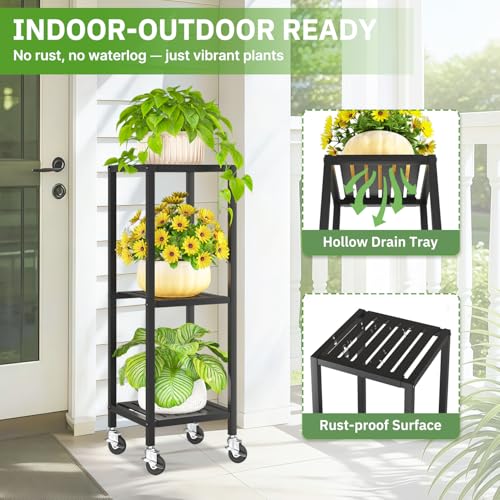 KMOTASUO 3 Tier Black Tall Plant Stand with Wheel for Indoor Outdoor, Heavy Duty Metal Multiple Large Planter Rack for Narrow Corner, Sturdy Iron Vertical Flower Holder for Modern House Patio Bathroom - color: Standard Black, size: 3 Tier