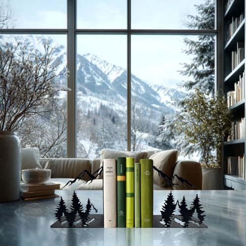 Matte Black Decorative Metal Mountain Bookends, Modern Aesthetic Decor for Home Office, Library or Studio Shelves, Unique Gift for Book Lovers - color: Mountain