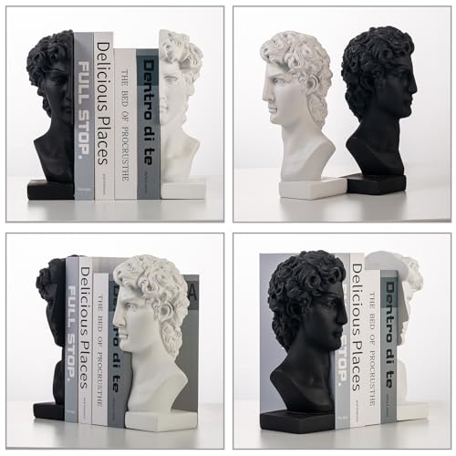 Lukitas David Head Decorative Bookends, Heavy Duty Half-and-Half Book Ends Non-Slip, Classical Artistic Sculpture for Office Home Bookshelf Decor, Black & White, Resin 9.5'' - color: David Head