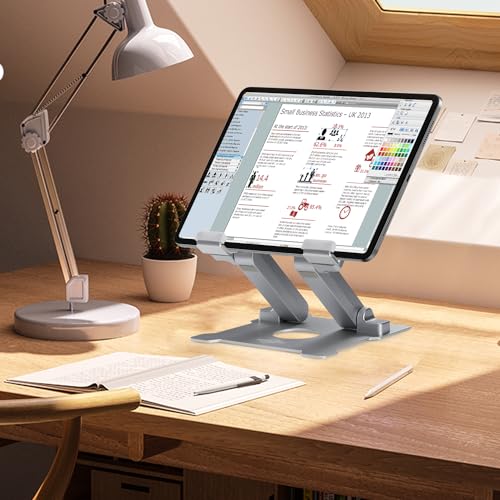 KABCON Quality Tablet Stand,Adjustable Foldable Eye-Level Aluminum Solid Up to 15-in Tablets Holder for Microsoft Surface Series Tablets,iPad Series,Samsung Galaxy Tabs,Amazon Kindle Fire,Etc.Silver - color: Large-Silver