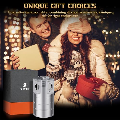 XIFEI 8-in-1 Desktop Cigar Lighter with Straight V-Cut Cutter, 3 Ashtrays, 3 Draw Enhancer Tools, 2 Stands, Cigar Punch, 4 Jet Flame Butane Torch Lighters, Luxury Accessories Gift Set (Silver) - color: Silver