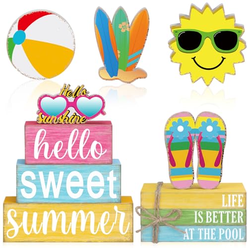 Vercraft 11 Pcs Summer Hawaiian Table Decorations Set Summer Tiered Tray Decor Flip Flops Centerpiece Faux Book Stack Block for Table Home Office Decorations - style: Pool