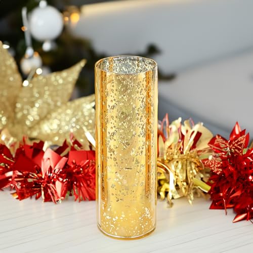 WGVI Hurricane Candle Holder Sleeve, W: 4", Ht: 12", Gold Speckled Glass Cylinder Open Both Ends, Chimney Tube Shade, 1 Piece - size: 4x12"H