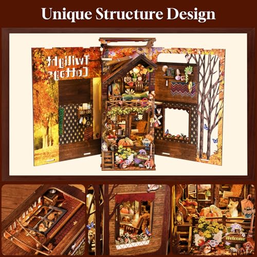 TOYQI Book Nook Kit, Book Nook Kits for Adults, DIY Miniature Dollhouse Kit 3D Wooden Puzzle Booknook Bookend with LED Light - style: TWILIGHT COTTAGE