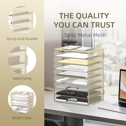 DALTACK 9-Tier Paper Organizer for Desk, Mesh Letter Tray Desk Organizer with Handles, Space-Saving File Organizer for Office Home School, Golden Yellow - color: Desk Organizer Golden Yellow