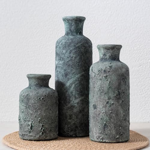 Vintage Ceramic Flower Vase Set of 3, Rustic Farmhouse Vase for Home Decor, Distressed Decorative Vase for Table Entryway Mantel Centerpiece Living Room Bathroom Bedroom (Patina Gray) - color: 116-patina Gray