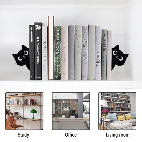 Bookends Metal Cat Book Ends, 1 Pairs Cute Bookends for Shelves Decorative for Home Office Desk Bookshelf Decor (Black, Cartoon) - color: Cat-cartoon