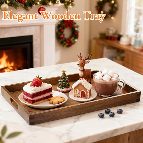Serving Trays - 2 Pack, Acacia Wood Serving Platters with Ergonomic Handles, Versatile Rustic Decorative Trays for Breakfast, Brunch, Dinner, Coffee Table, Party, Kitchen-L - size: 16"x11"x1.57" and 17"x12"x1.57"