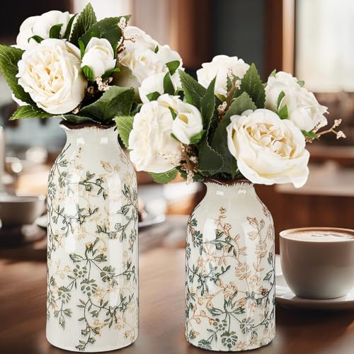 2 Pcs Green Vintage Vase Ceramic Rustic Crackle Floral Vase for Farmhouse Retro Home Bookshelf Living Room Table Centerpiece Decor (Middle and Small)
