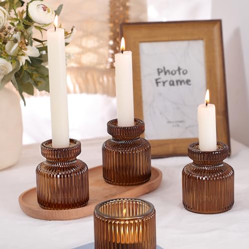DARJEN 12 Pcs Glass Candlestick Holders- Amber Taper Candlestick Holders Tealight Votive Candle Holders for Table Centerpieces, Wedding, Dinner Party, Home Decor - color: Amber, size: 12Pcs