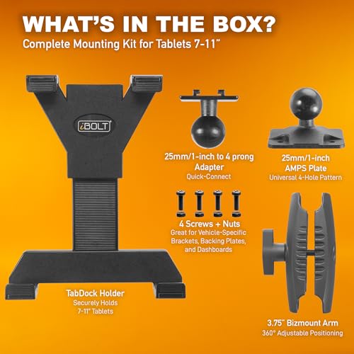 iBOLT TabDock Bizmount AMPs - Heavy Duty Drill Base Tablet Holder/Mount for All 7" - 11" Tablets- Great for Commercial Vehicles, Trucks, and Wall Mounting- Features 1 inch / 25mm Ball Joint