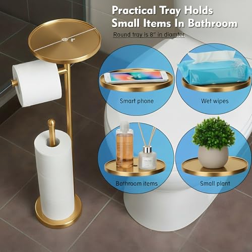 Gold Toilet Paper Holder with Shelf, Tissue Roll Holder Stand with Storage for Holding Extra 4 Toilet Paper Rolls, Stainless Steel Rustproof Freestanding (Brushed Gold) - color: Gold