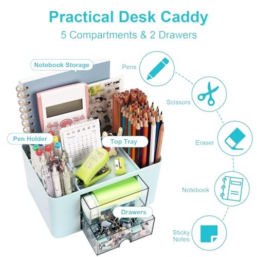 Meiikun Plastic Pen Organizer, Multifunctional Desk Organizer with 2 Drawers, 4 Compartments & a Top Tray, Pencil Holder Desktop Organizers and Accessories for Office, 7.7" x 5.5" x 3.9" (Blue) - color: 5 Compartments + 2 Drawer (Blue)