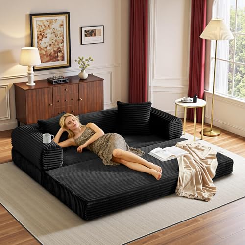 Boneless Couch Versatile Couches for Living Room No-Install Sofa Bed Corduroy Futon Soft Cloud Couch with Pillows for Bedroom Game Movie (Black, 76") - color: Black