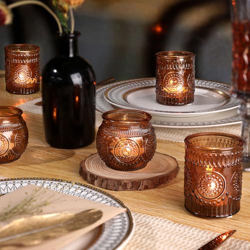 DARJEN 24Pcs Amber Votive Candle Holders - Vintage Glass Candle Holder, Candle Holders Bulk for Wedding & Home Decoration, Tea Lights Candle Holders for Festival Party Gift - color: Amber
