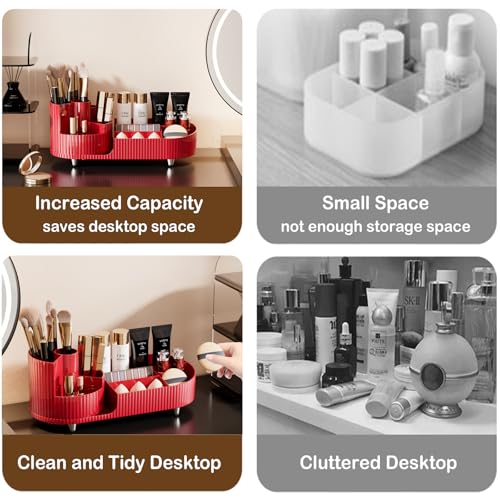 Rotating Makeup Organizer for Vanity with Brush Holder, Cosmetic Makeup Storage Organizer, Large Spinning Makeup Skincare Organizer, Countertop Makeup Perfume Organizer, Lotions Display Case Red - color: Red
