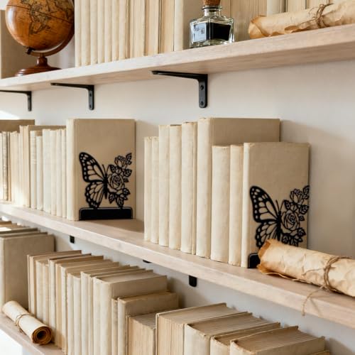 Peacoblue Metal Bookends for Shelves, Modern Decorative Heavy Duty Study Book Ends Stoppers for Office, Desk, Shelf, Room 5.3"x4.3"x5.7" Cast Iron Simple Tall Bookends 1 Pair (Butterfly with Roses) - style: Butterfly with Roses