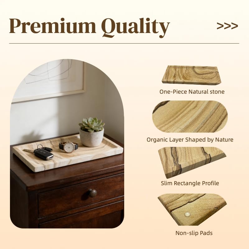 Sandstone Decorative Tray, Small Natural Stone Rectangular Vanity Tray for Dresser & Coffee Table, Minimalist Home Decor Stone Tray