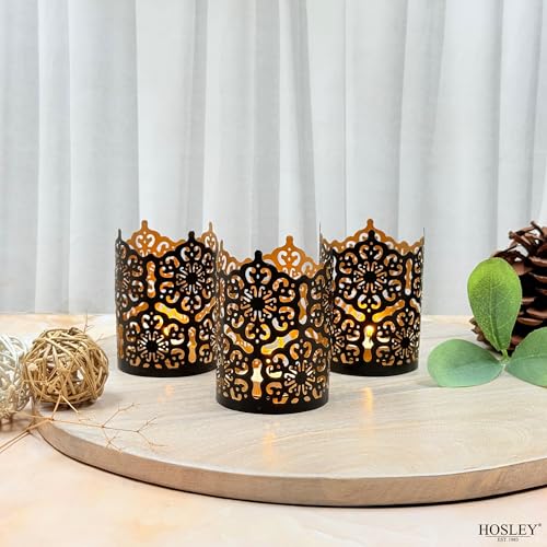 Hosley Set of 3 Black Metal Candle Holders 4 Inch High - Lattice Cut Lanterns for Table Centerpiece, Wedding, Home Decor, Indoor Outdoor - color: Black 3 Pack, size: 4 inch High
