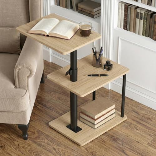 Faesun 360° Swivel Side Table for Height Adjustable, C Shaped End Table for Couch with Storage, 3-Tier Night Stand with Open Shelf, Tv Tray for Small Spaces, Living Room, Bedroom, Oak - color: Oak