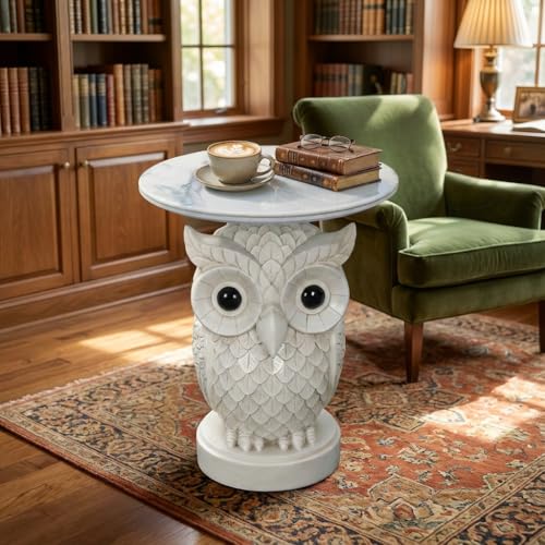 Luxurious Owl Side Table - 20" Premium Faux Marble Top Accent Table with Hand-Detailed Resin Owl Statue Base - High-End Round End Table for Study, Library, Nightstand - Tool-Free - color: White Owl