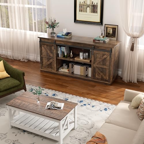 YESHOMY TV Stand for Televisions up to 65 Inches, with Sliding Barn Doors and Storage Cabinets, Console Table and Media Furniture for Living Room, 58 Inch, Barnwood - color: Barnwood, style: Sliding Barn Doors TV Stand