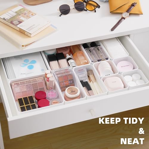 CHANCETSUI 11-Piece Stackable Drawer Organizer Set, Multi-size Desk Drawer Organizer Trays Vanity Storage Bins for Storing Makeup, Stationery, Utensils in Bathroom Dresser, Office and Kitchen - color: White