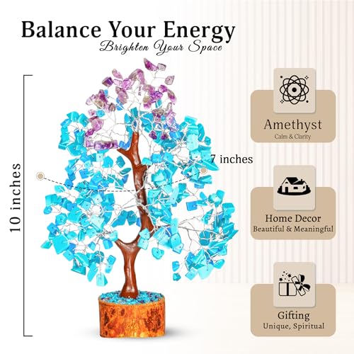 YATSKIA Turquoise and Amethyst Crystal Tree of Life - Gemstones and Crystals - Crystal Decor - Good Luck Gifts - color: Turquoise and Amethyst Silver Wire