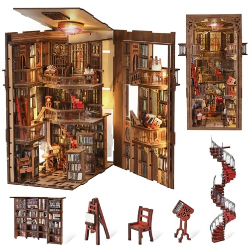 CCCDF Abbey Library Book Nook Kit, Ancient Vintage Bookshelf Insert Decor with LED Lights, Dust Cover, 3D Wooden Puzzle Craft for Adults - style: Abbey Library
