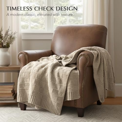 EVERGRACEHOME Modern Checkered Chenille Throw Blanket, Soft Cozy Plaid Knitted Chair Blanket for Sofa Couch, Decorative Knit Throw for Bed and Living Room, Sand Dune, 50" x 60" - color: Checkered Sand Dune, size: 50" x 60"