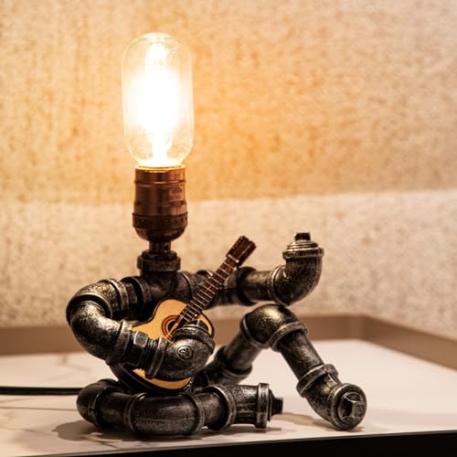 Music Guitar Table Lamp,Steampunk Table Lamp,Retro Guitars Steampunk lamp, Industrial Metal Tube Robot Lamp Cool Guitar Stuff Present for Men Music Lovers - color: Silver Black Lamp Body + Acoustic Guitar