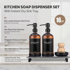 Kitchen Soap Dispenser Set with Instant Dry Tray,16 Oz Hand and Dish Soap Amber Glass Dispenser Set,Stainless Steel Pump,Waterproof Labels&Dish Brush,Luxury Soap Bottle for Kitchen,Bathroom - color: Amber Bottle+black Pump