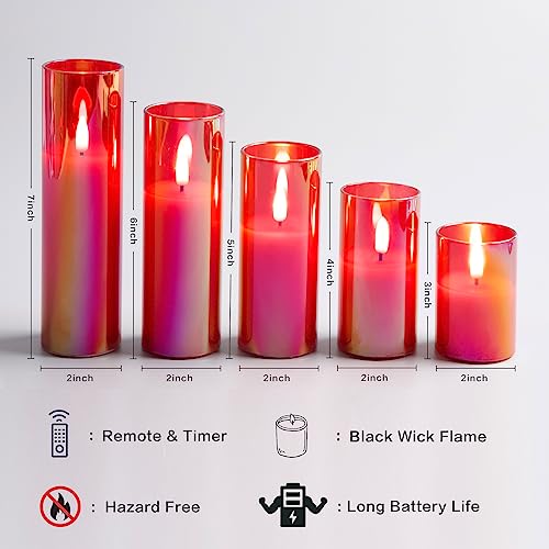 Eywamage Red Glass Flameless Candles with Remote Batteries, Flickering Slim Tall LED Pillar Candles Set of 5 - color: Red