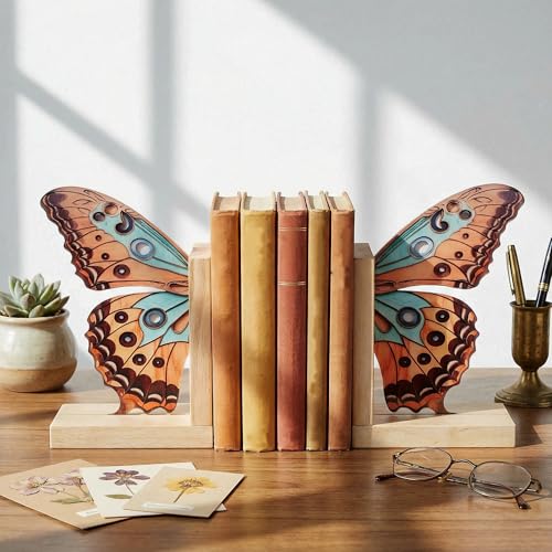 Decorative Butterfly Bookends Wooden Acrylic Butterflys Bookend Modern Bookshelf Decor Accent Book Stopper Decor for Home Farmhouse Shelves Office Lover Gift(Junonia Almana Butterfly) - style: Junonia Almana Butterfly