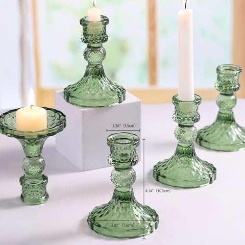Glass Candle Holder Set of 12, Green Taper Candle Holders Bulk, Vintage Candlestick Holders, Candle Stick Holder for Table Centerpieces, Wedding, Festival & Home Decor - color: Green