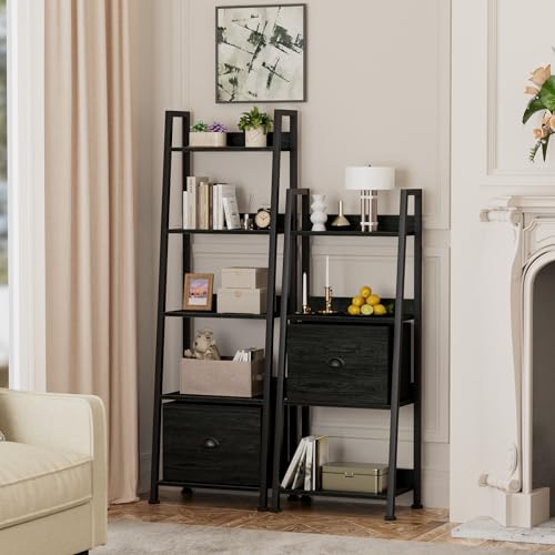 Furologee 4-Tier Ladder Shelf, Ladder Bookshelf with Removable Drawer, Bookcase Storage Rack Organizer, Freestanding Storage Shelves for Living Room, Home Office, Bedroom, Black Oak - color: Black Oak, size: 4-Tier, 15" W