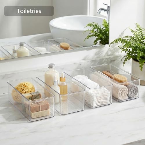 Qilinba 8 PACK Drawer Organizer Bins Bathroom Deep Drawer Organizer Tray for Cutlery Vanity Make-up, Clear Stackable Storage Bins for Kitchen Cabinet Closet Counter Organization and Storage