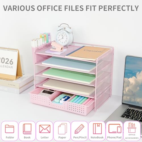LEKETREE Desk Organizers and Accessories, 5-Tier Paper Letter Tray Organizer with Drawer & 2 Pen Holders, Desktop Organizer for Office Supplies (Pink) - color: Pink, size: 12" x 8" x 10"
